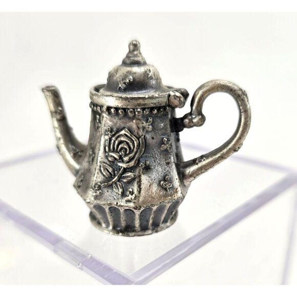 Vintage Pewter Silver Miniature Teapot Figurine With Rose Design Operable je197 - Picture 1 of 7
